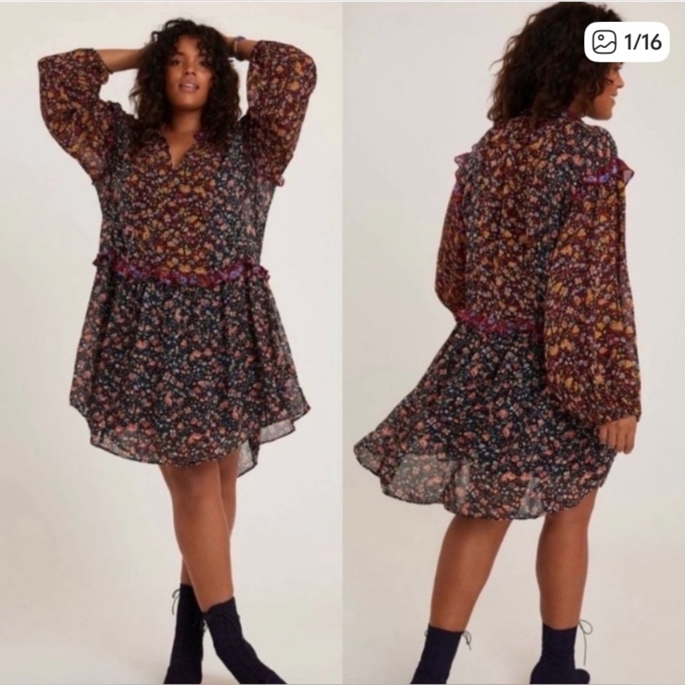 Anthropologie Helene Tunic Dress in Mixed Media Ditsy Floral Print Ruffles Sz M